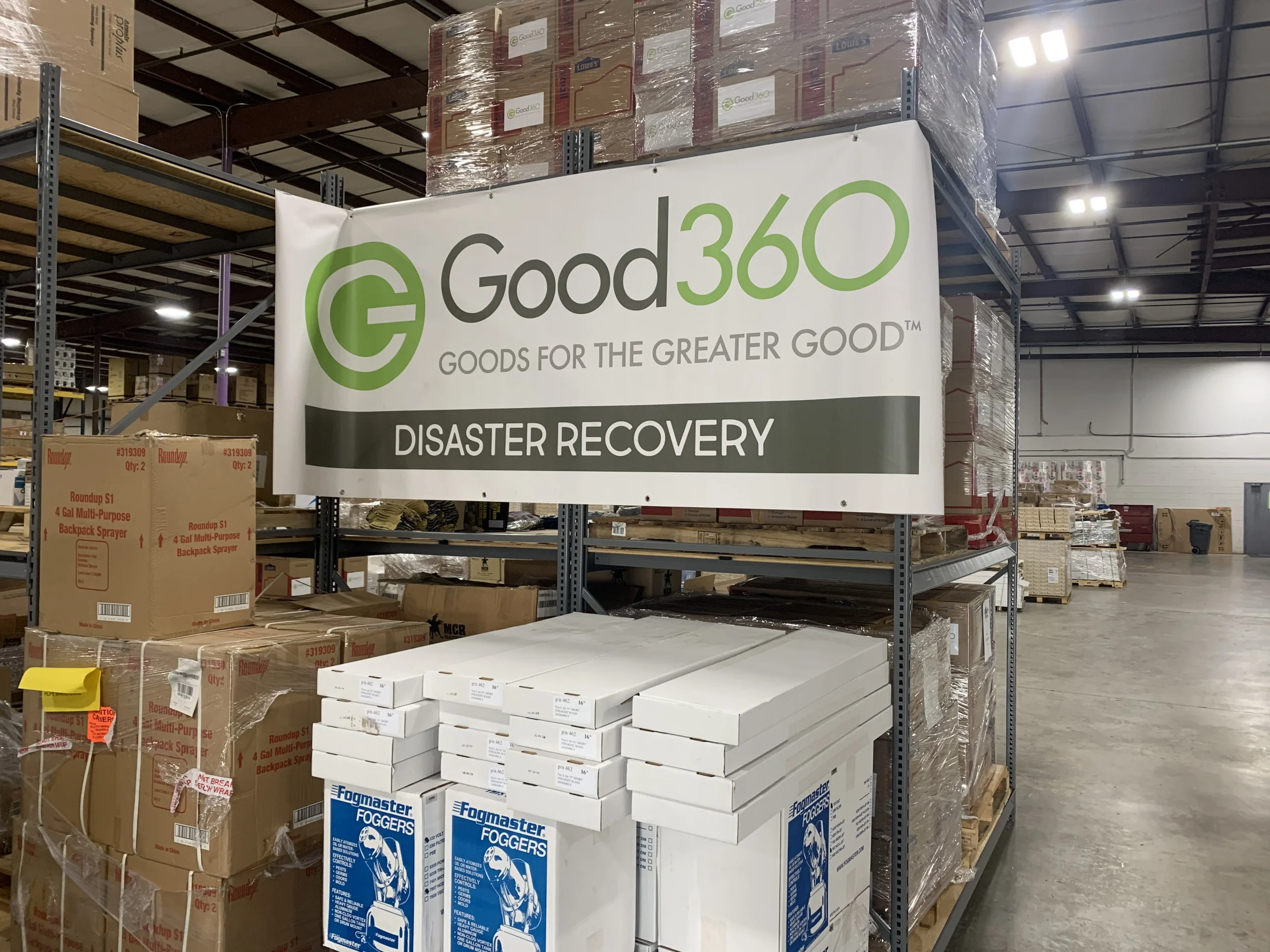A good360 disaster recovery banner in a warehouse located in Waverly TN.
